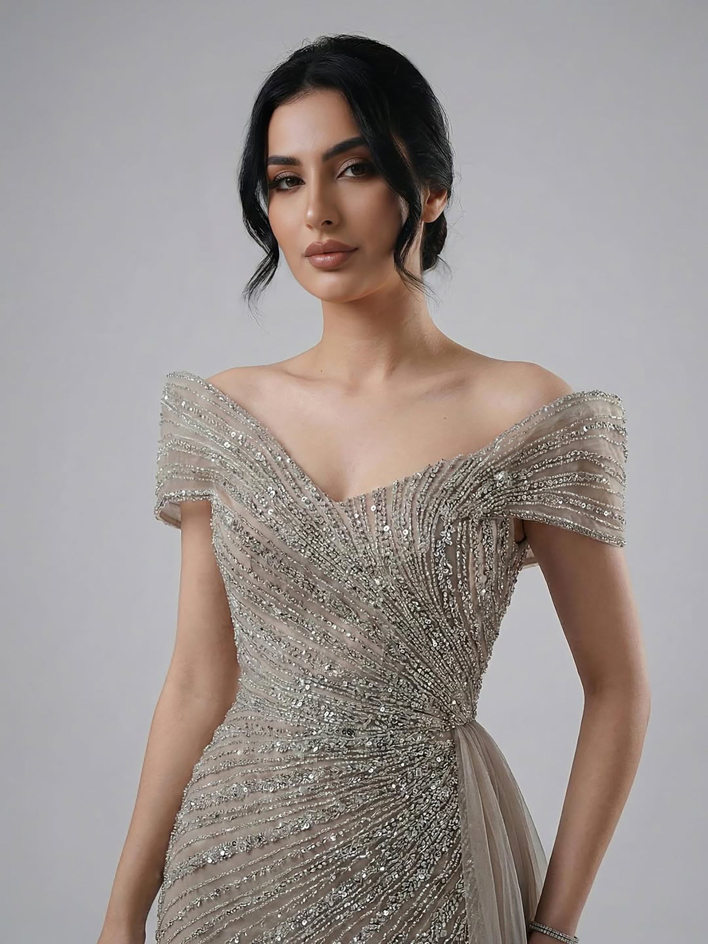 Luxury Caramel Mermaid Beaded Slit Evening Dress With Side Overskirt CLA71686A