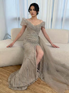 Luxury Caramel Mermaid Beaded Slit Evening Dress With Side Overskirt CLA71686A
