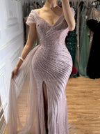Luxury Caramel Mermaid Beaded Slit Evening Dress With Side Overskirt CLA71686A