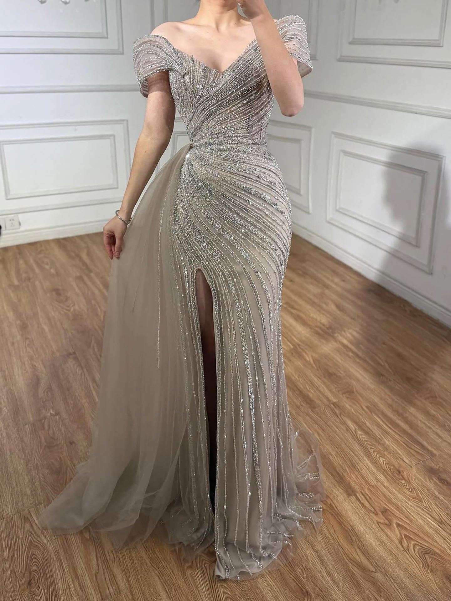 Luxury Caramel Mermaid Beaded Slit Evening Dress With Side Overskirt CLA71686A