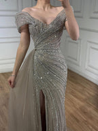 Luxury Caramel Mermaid Beaded Slit Evening Dress With Side Overskirt CLA71686A