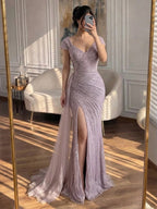 Luxury Caramel Mermaid Beaded Slit Evening Dress With Side Overskirt CLA71686A