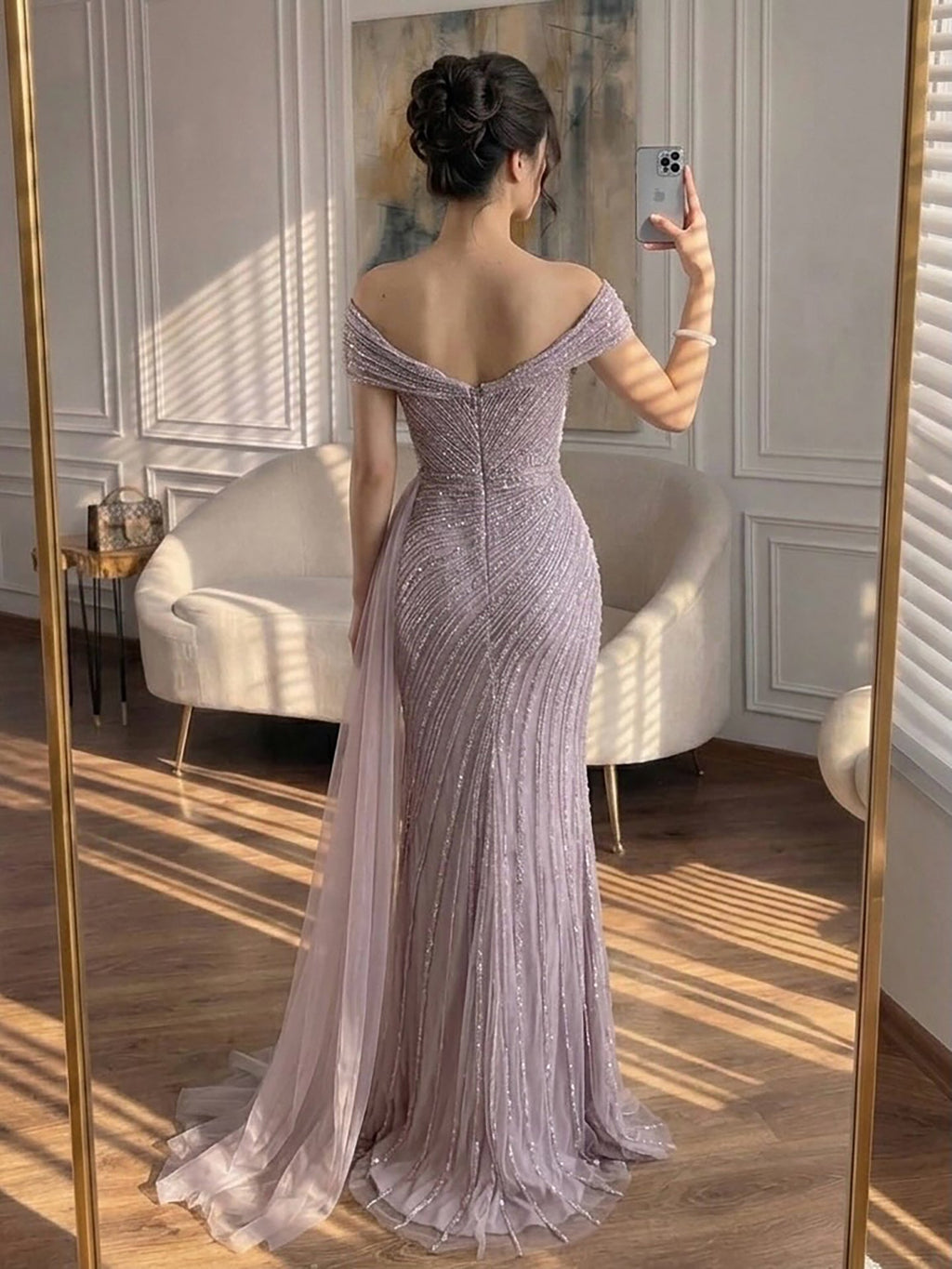 Luxury Caramel Mermaid Beaded Slit Evening Dress With Side Overskirt CLA71686A