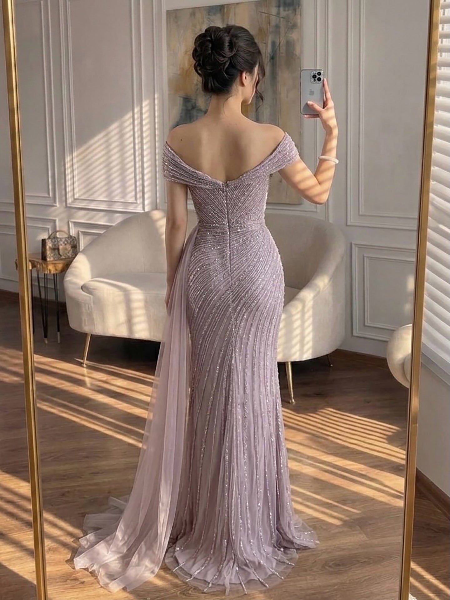 Luxury Caramel Mermaid Beaded Slit Evening Dress With Side Overskirt CLA71686A