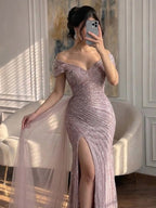 Luxury Caramel Mermaid Beaded Slit Evening Dress With Side Overskirt CLA71686A