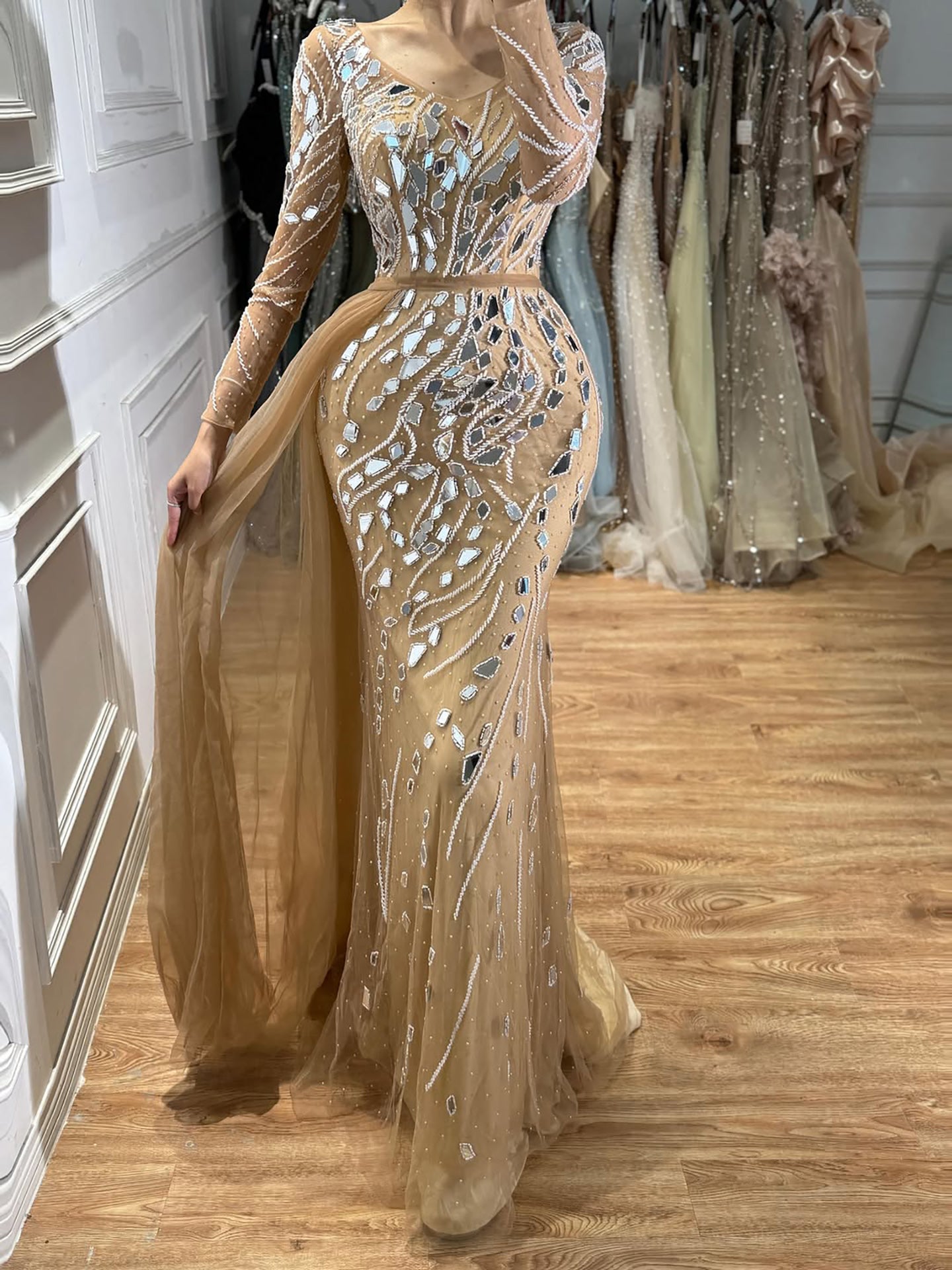 Luxury Nude Beaded Mermaid Evening Dress with Overskirt LA71757