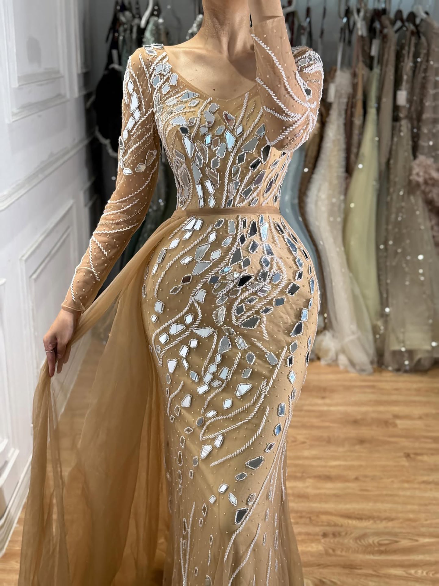 Luxury Nude Beaded Mermaid Evening Dress with Overskirt LA71757