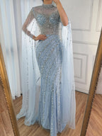 Arabic Pink Luxury Beaded Mermaid Evening Dress Modest For Muslim Women Hijab CLA71885A