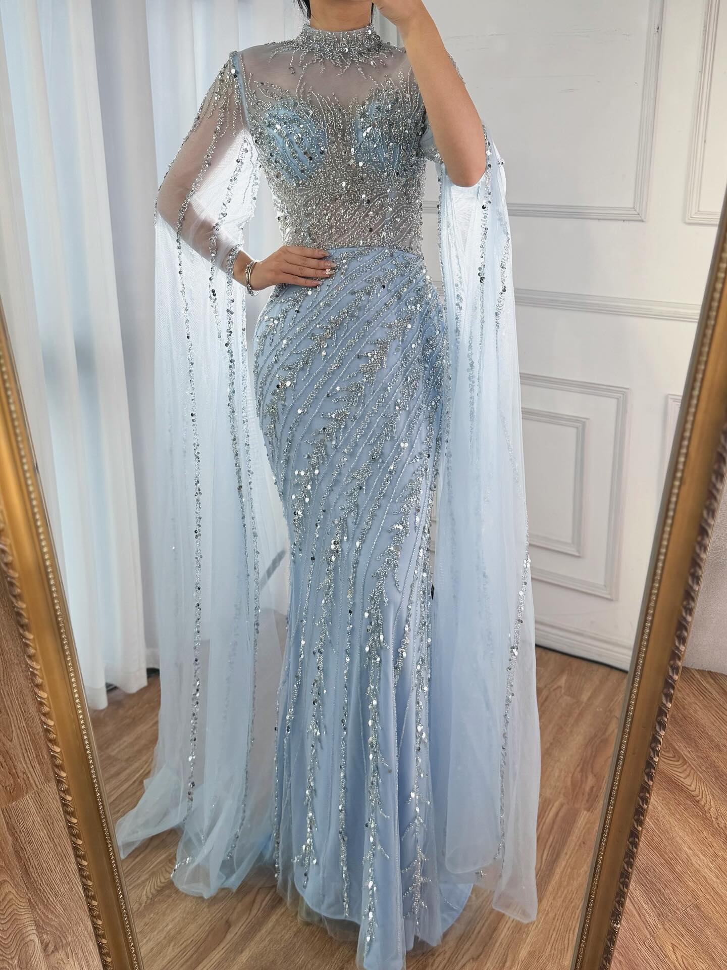 Arabic Pink Luxury Beaded Mermaid Evening Dress Modest For Muslim Women Hijab CLA71885A