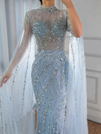 Arabic Pink Luxury Beaded Mermaid Evening Dress Modest For Muslim Women Hijab CLA71885A