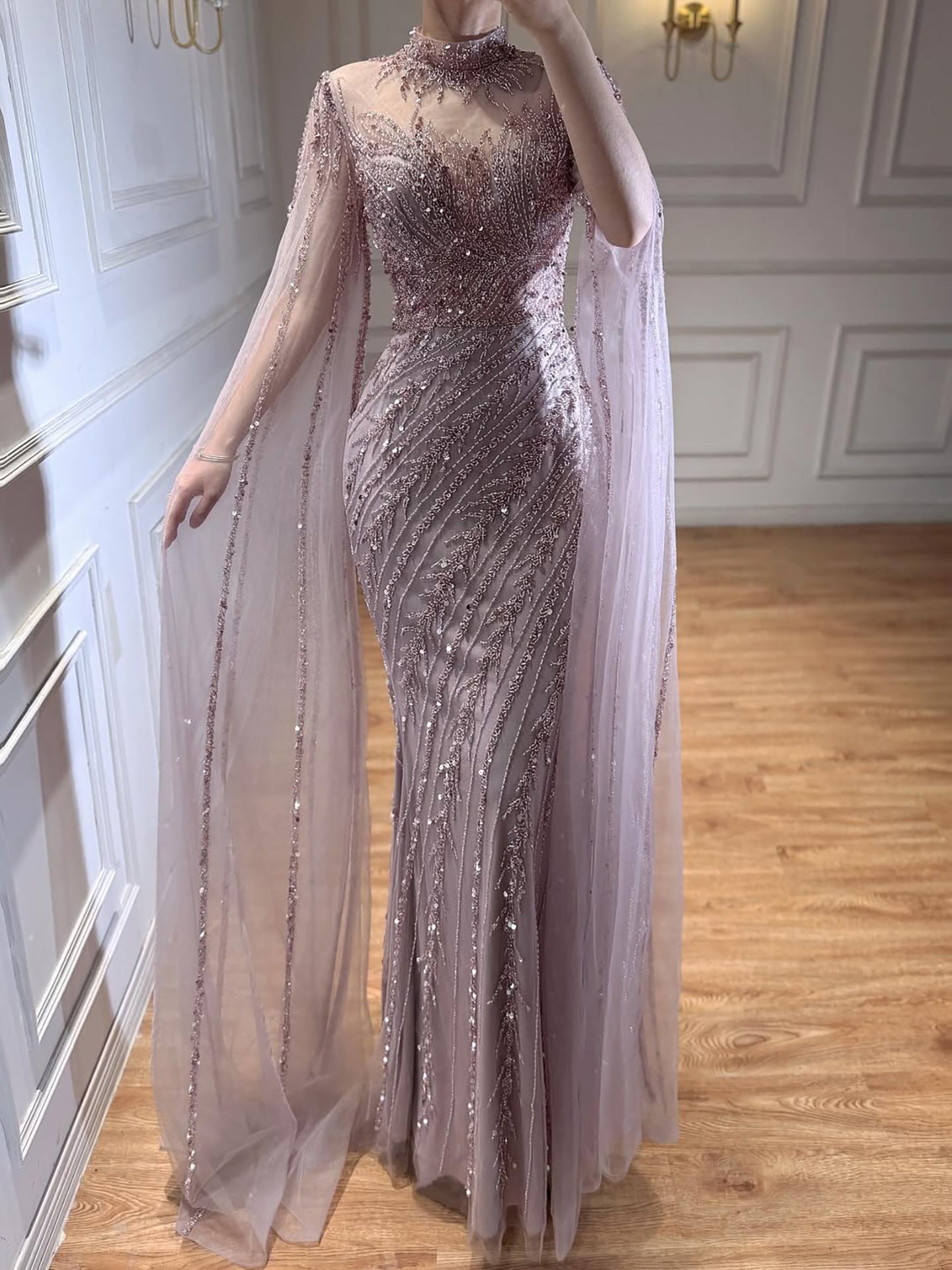 Arabic Pink Luxury Beaded Mermaid Evening Dress Modest For Muslim Women Hijab CLA71885A