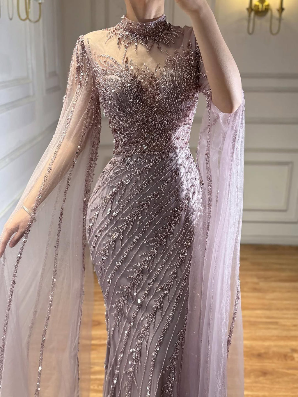 Arabic Pink Luxury Beaded Mermaid Evening Dress Modest For Muslim Women Hijab CLA71885A