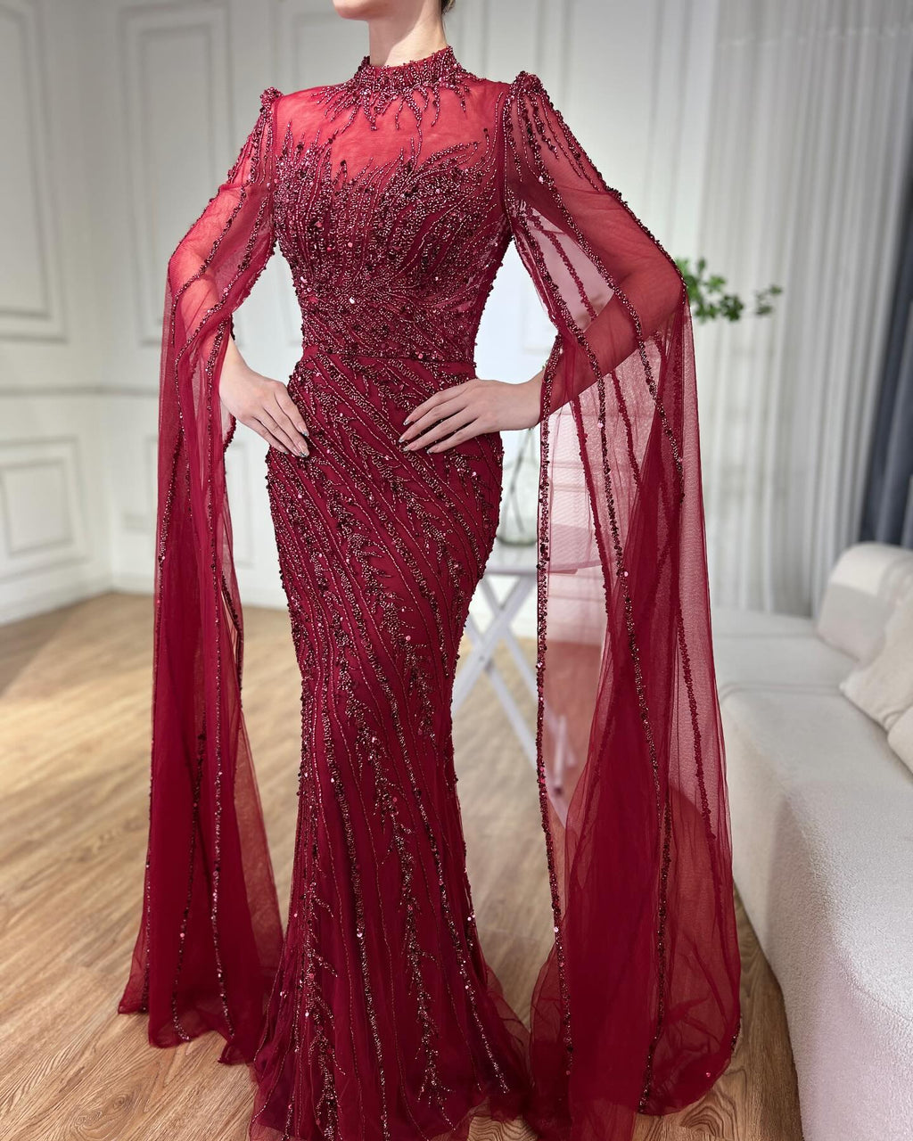 Arabic Pink Luxury Beaded Mermaid Evening Dress Modest For Muslim Women Hijab CLA71885A