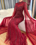 Arabic Pink Luxury Beaded Mermaid Evening Dress Modest For Muslim Women Hijab CLA71885A