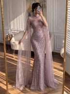 Arabic Pink Luxury Beaded Mermaid Evening Dress Modest For Muslim Women Hijab CLA71885A