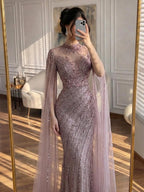 Arabic Pink Luxury Beaded Mermaid Evening Dress Modest For Muslim Women Hijab CLA71885A