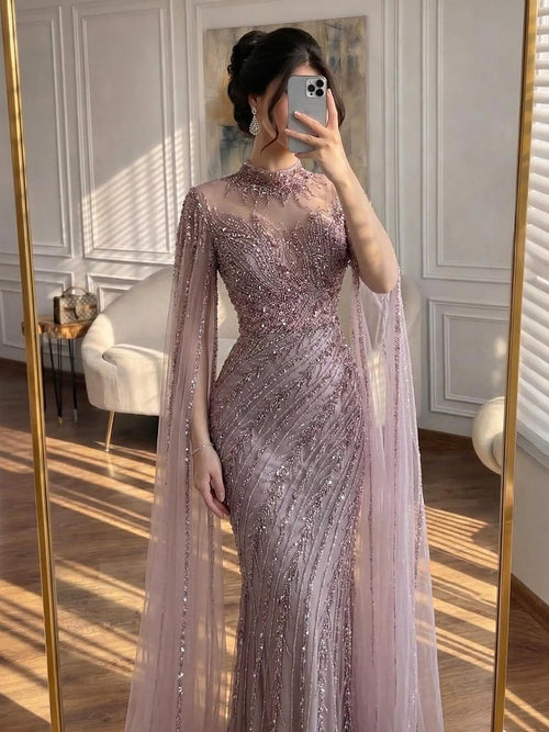 Arabic Pink Luxury Beaded Mermaid Evening Dress Modest For Muslim Women Hijab CLA71885A