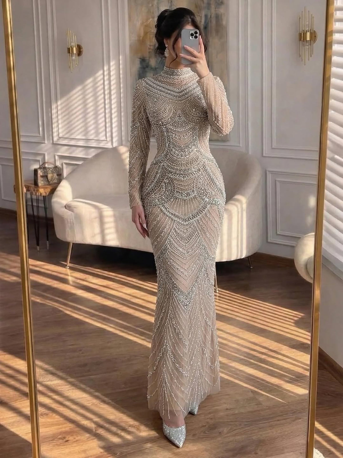 Arabic Luxury Beaded Pearls Mermaid Evening Dress Modest Hijab High Neck CLA72091L