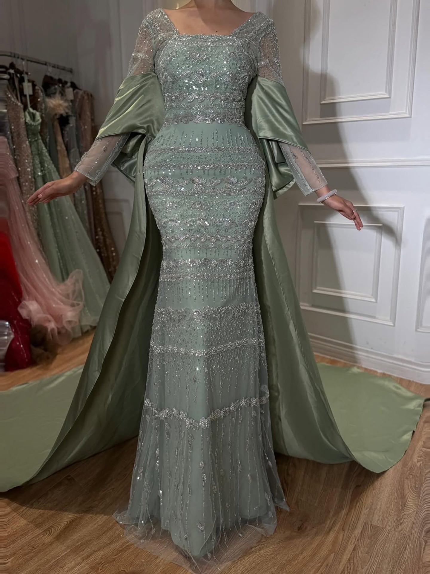 Luxury Sage Green Beaded Mermaid Evening Dress with Train CLA72126C