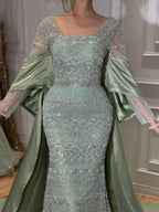 Luxury Sage Green Beaded Mermaid Evening Dress with Train CLA72126C