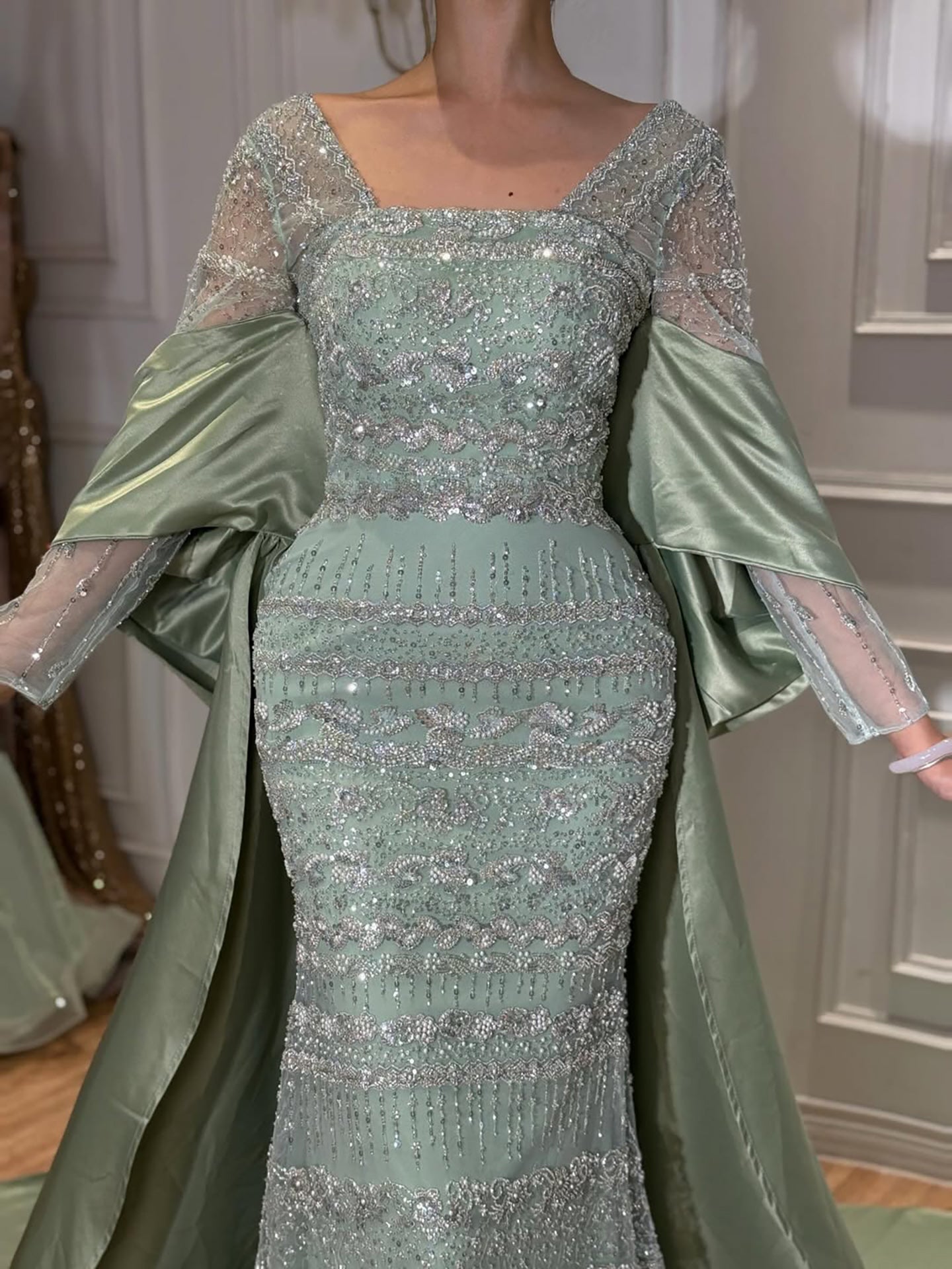 Luxury Sage Green Beaded Mermaid Evening Dress with Train CLA72126C