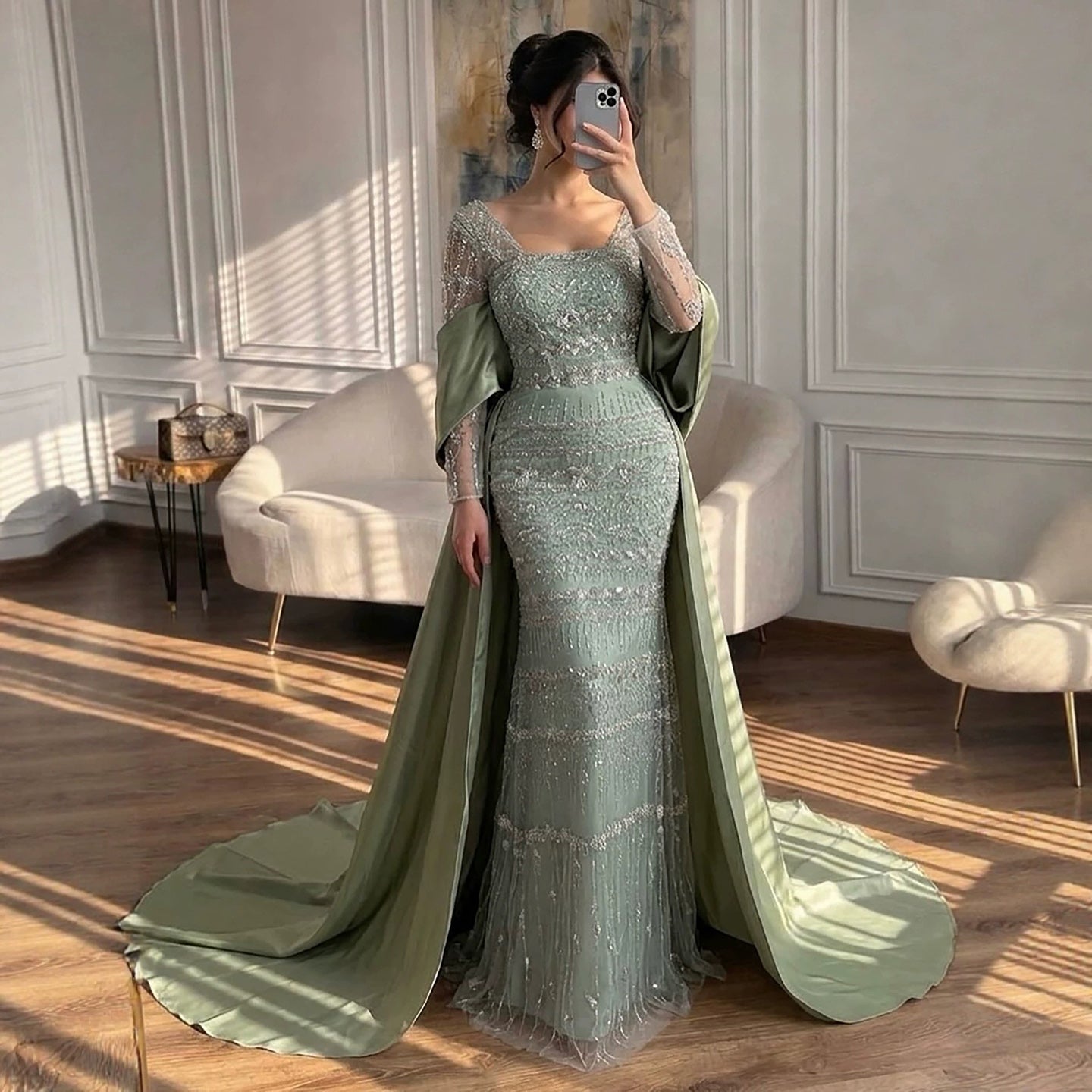 Luxury Sage Green Beaded Mermaid Evening Dress with Train CLA72126C