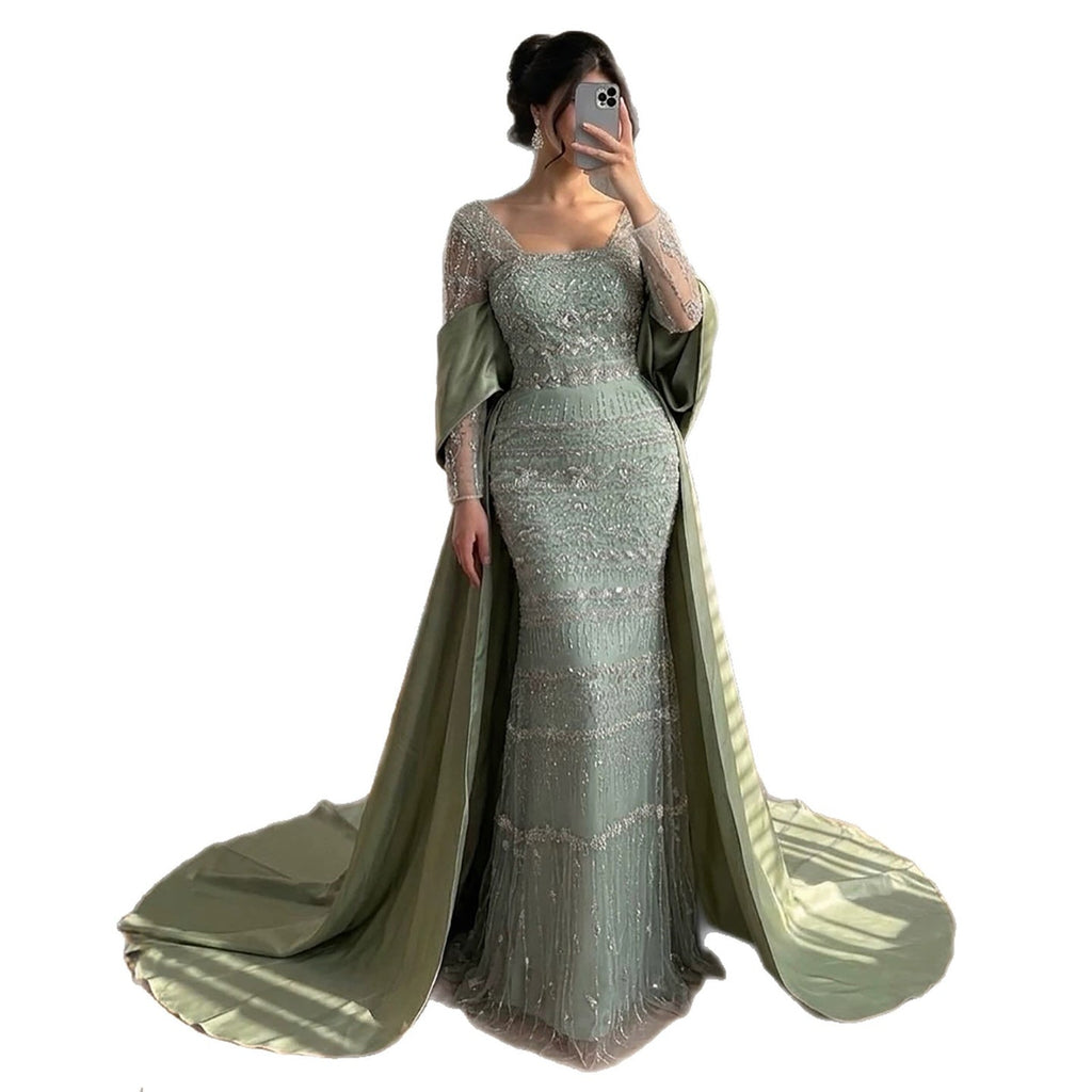 Luxury Sage Green Beaded Mermaid Evening Dress with Train CLA72126C