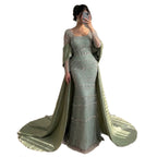 Luxury Sage Green Beaded Mermaid Evening Dress with Train CLA72126C