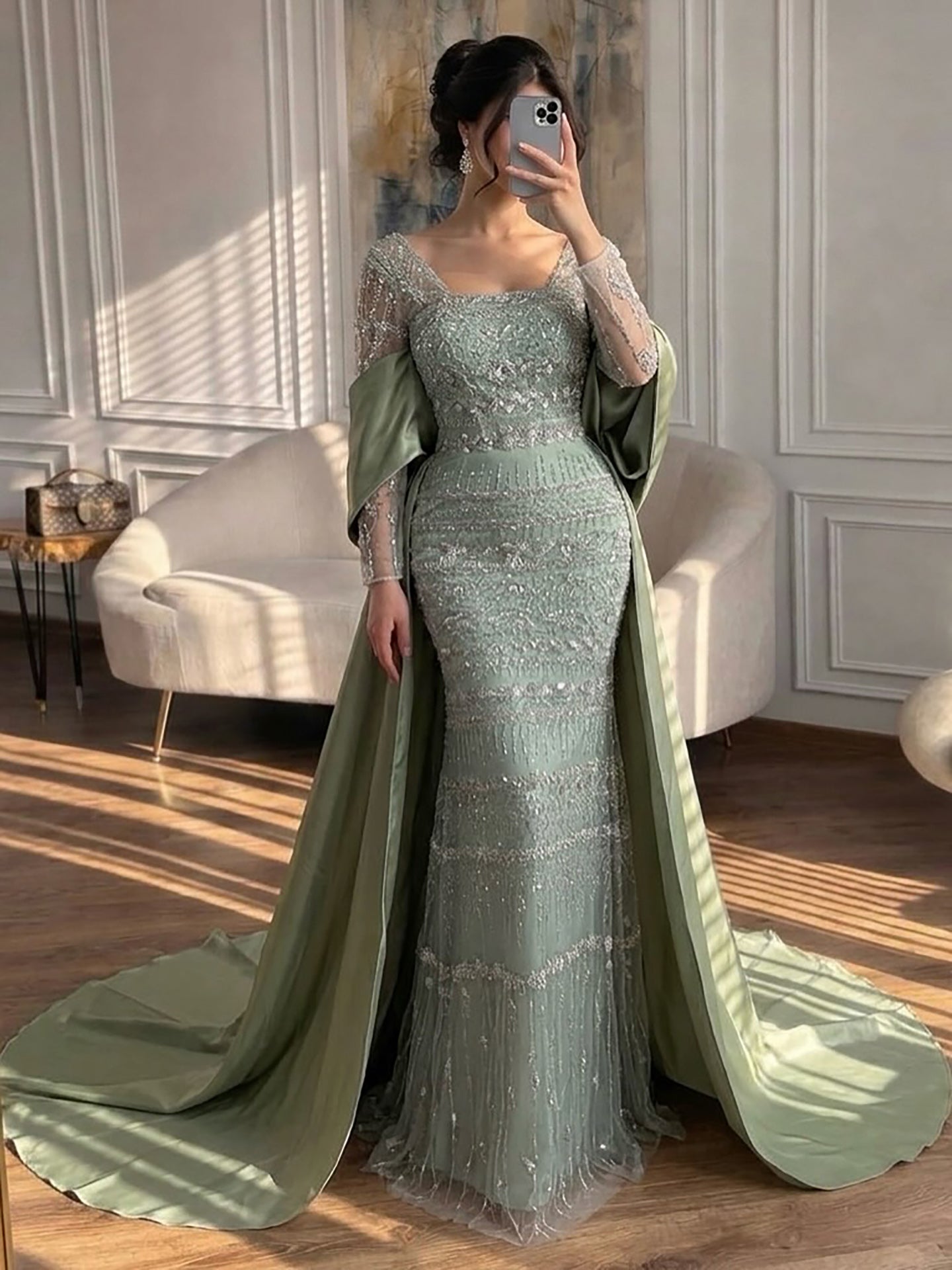 Luxury Sage Green Beaded Mermaid Evening Dress with Train CLA72126C