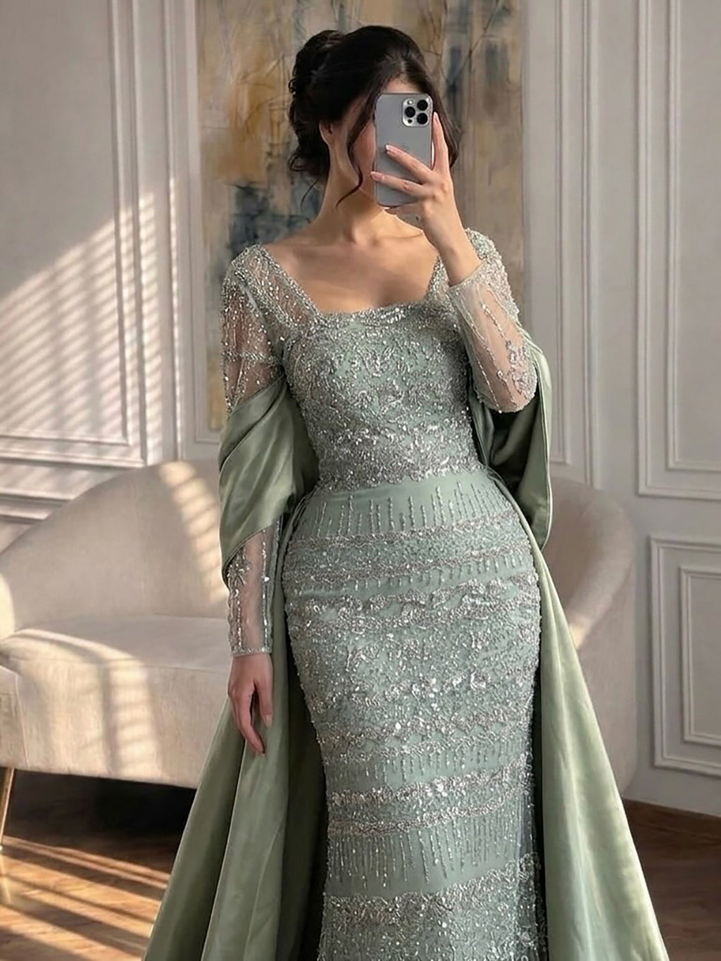 Luxury Sage Green Beaded Mermaid Evening Dress with Train CLA72126C