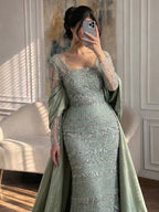 Luxury Sage Green Beaded Mermaid Evening Dress with Train CLA72126C