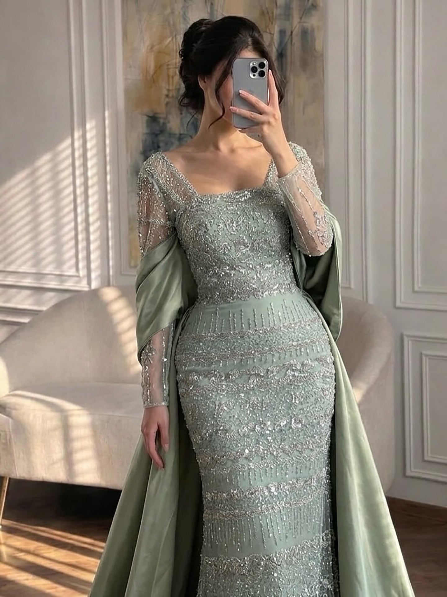 Luxury Sage Green Beaded Mermaid Evening Dress with Train CLA72126C