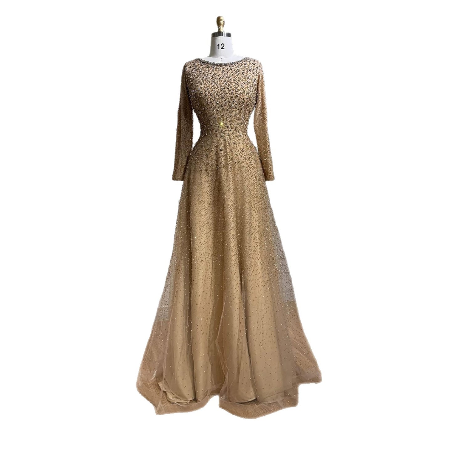 Luxury Caramel Beaded Long Sleeve A-Line Evening Dress LA72147D
