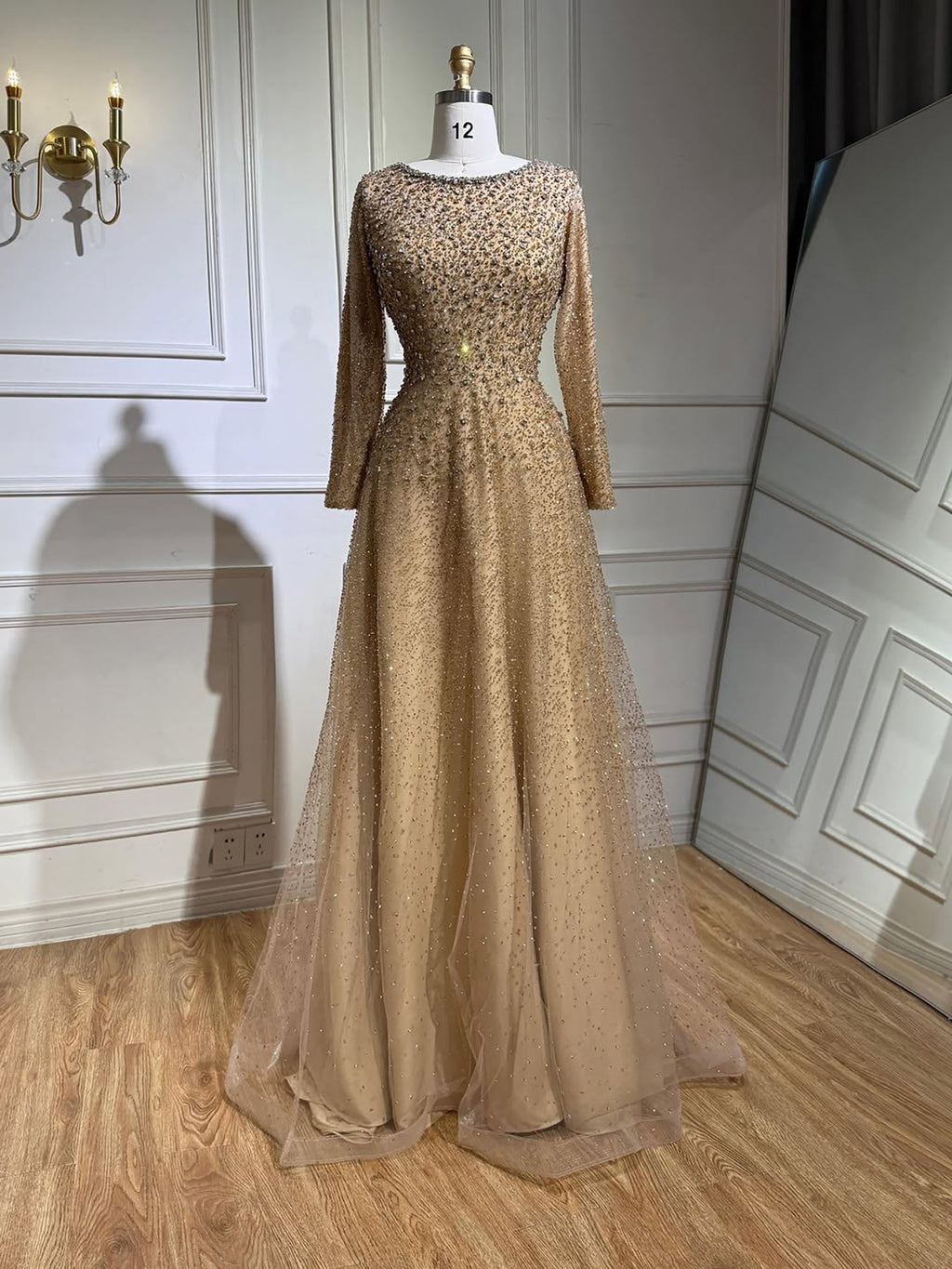 Luxury Caramel Beaded Long Sleeve A-Line Evening Dress LA72147D