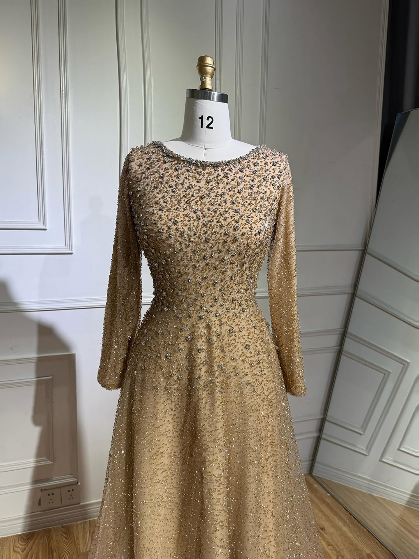 Luxury Caramel Beaded Long Sleeve A-Line Evening Dress LA72147D