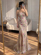 Arabic Nude Pink Floral Off Shoulder Slit Mermaid Dress CLA72163A