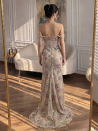 Arabic Nude Pink Floral Off Shoulder Slit Mermaid Dress CLA72163A