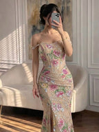Luxury Nude Pink Beaded Off Shoulder Floral Mermaid Dress LA72163A