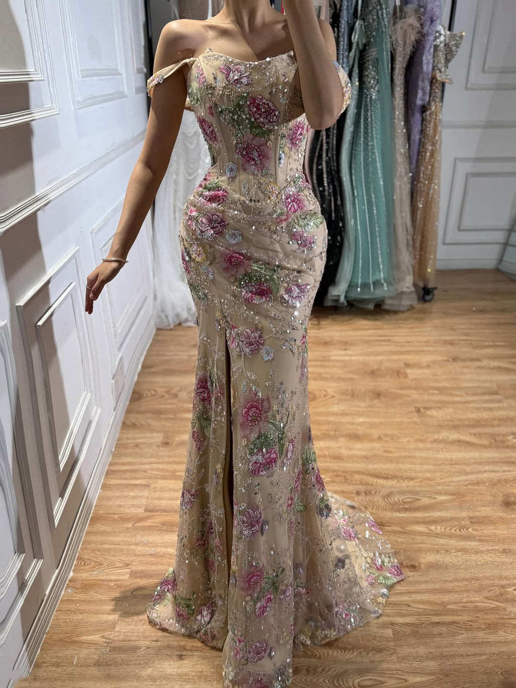 Arabic Nude Pink Floral Off Shoulder Slit Mermaid Dress CLA72163A
