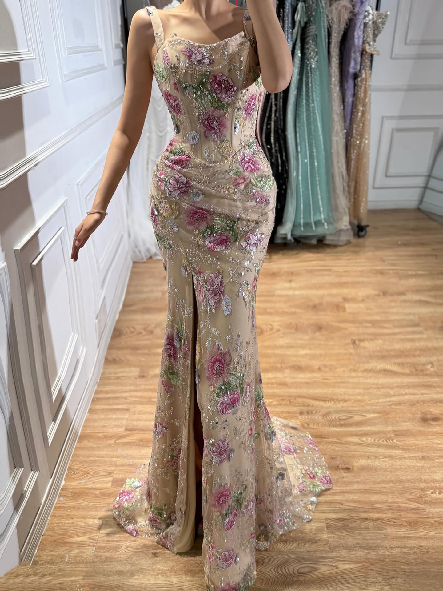 Arabic Nude Pink Floral Off Shoulder Slit Mermaid Dress CLA72163A