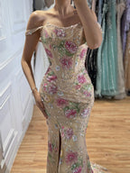 Arabic Nude Pink Floral Off Shoulder Slit Mermaid Dress CLA72163A