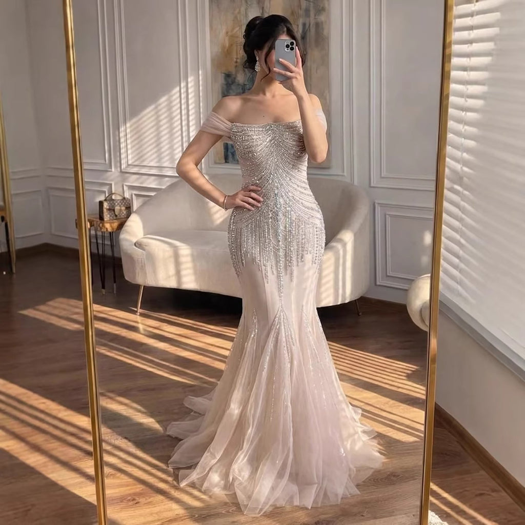 Luxury Nude Beaded Mermaid Evening Dress 2026 CLA73214