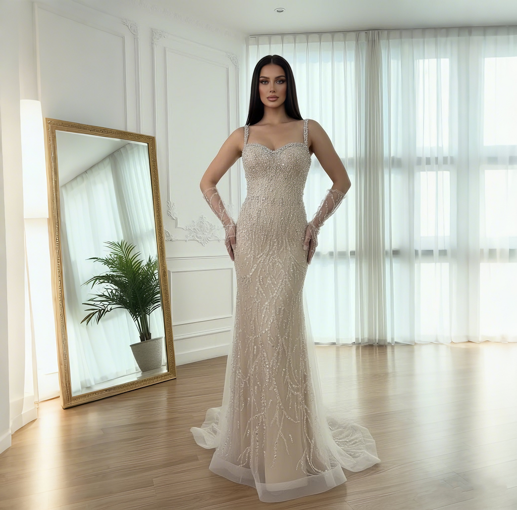 Luxury Lace Pearls Mermaid Evening Dress With Glove White Nude CLA72345E