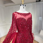 Luxury Fuchsia Beaded Modest Mermaid Evening Dress With Overskirt CLA72379