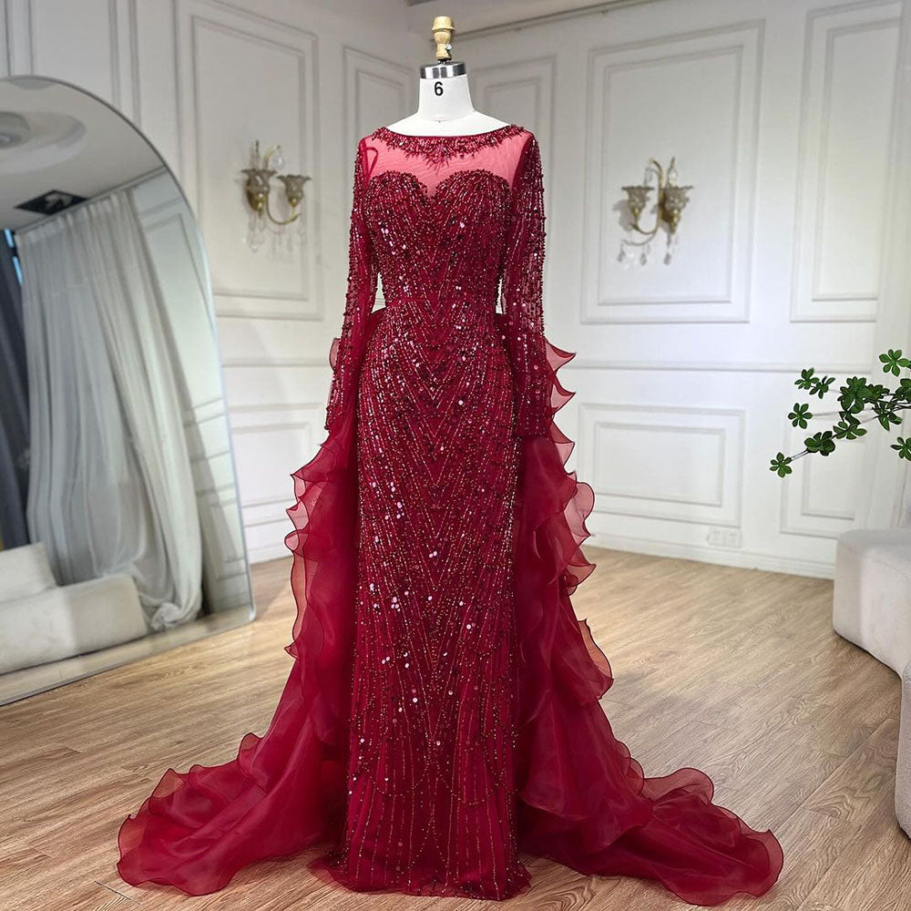 Luxury Fuchsia Beaded Modest Mermaid Evening Dress With Overskirt CLA72379