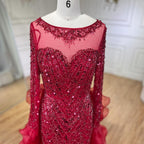 Luxury Fuchsia Beaded Modest Mermaid Evening Dress With Overskirt CLA72379