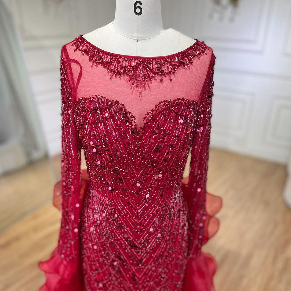 Luxury Fuchsia Beaded Modest Mermaid Evening Dress With Overskirt CLA72379
