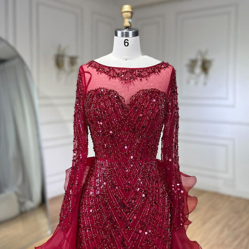 Luxury Fuchsia Beaded Modest Mermaid Evening Dress With Overskirt CLA72379
