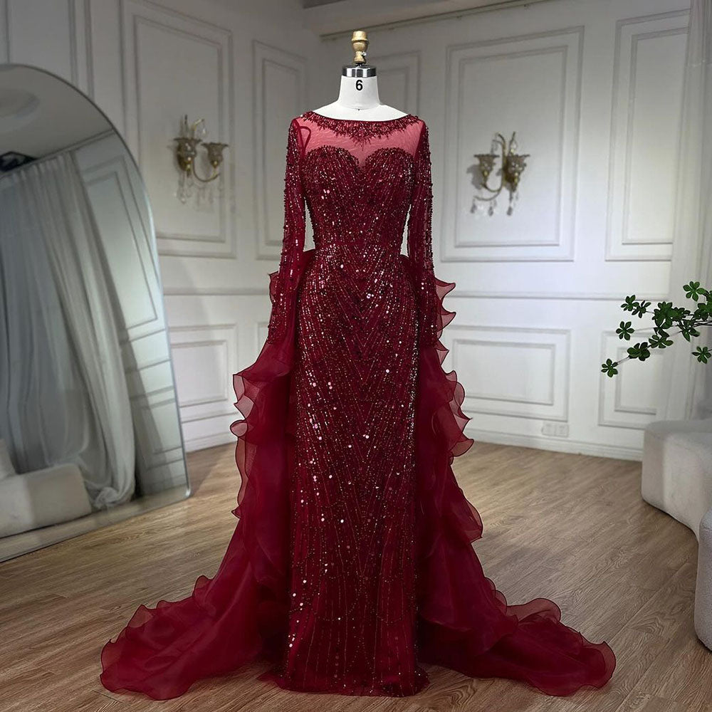 Luxury Fuchsia Beaded Modest Mermaid Evening Dress With Overskirt CLA72379