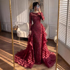 Luxury Fuchsia Beaded Modest Mermaid Evening Dress With Overskirt CLA72379